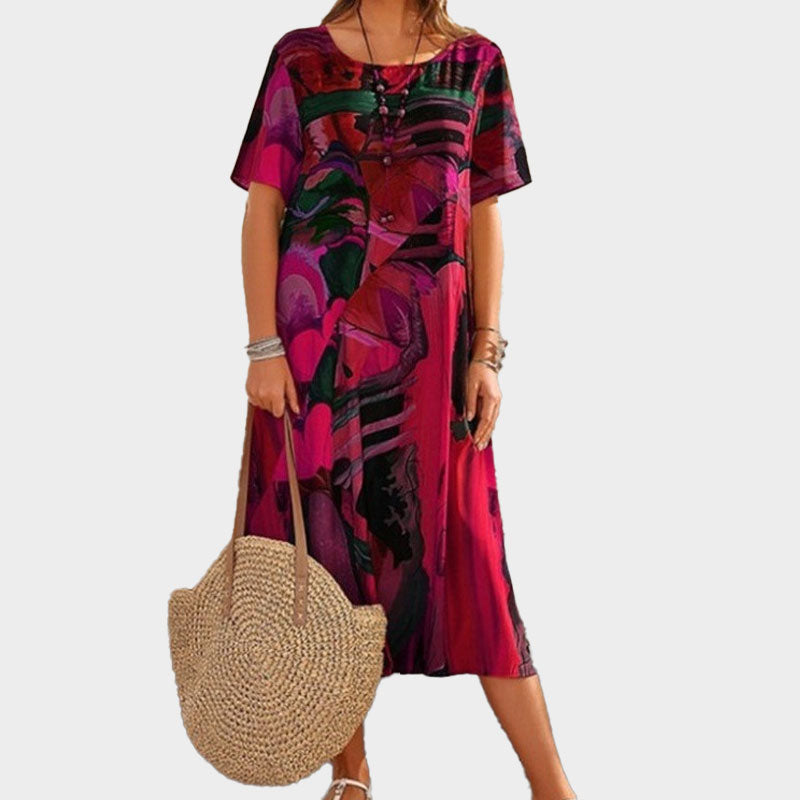 ⌛Tijdelijk halve prijs☀️💖Zomer Losse Print Jurk | Ronde Hals Korte Mouwe🌸