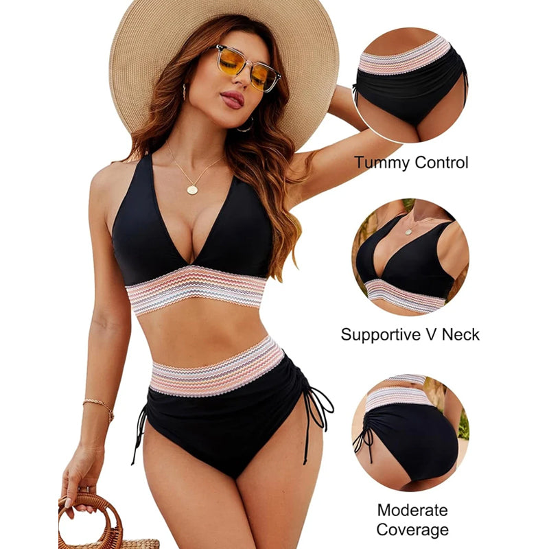 🔥S~4XL beschikbaar🔥2025 Tummy Control Colour Block Bikinisets met hoge kraag