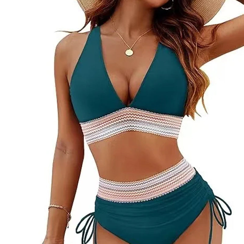 🔥S~4XL beschikbaar🔥2025 Tummy Control Colour Block Bikinisets met hoge kraag
