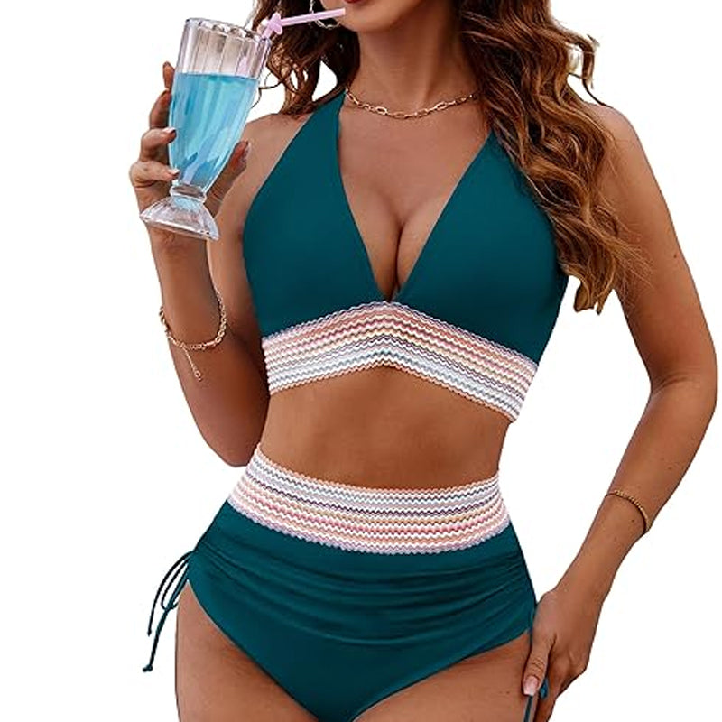 🔥S~4XL beschikbaar🔥2025 Tummy Control Colour Block Bikinisets met hoge kraag