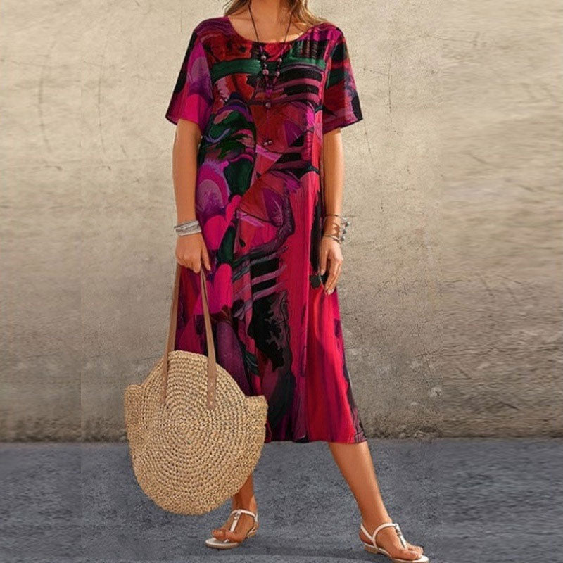 ⌛Tijdelijk halve prijs☀️💖Zomer Losse Print Jurk | Ronde Hals Korte Mouwe🌸