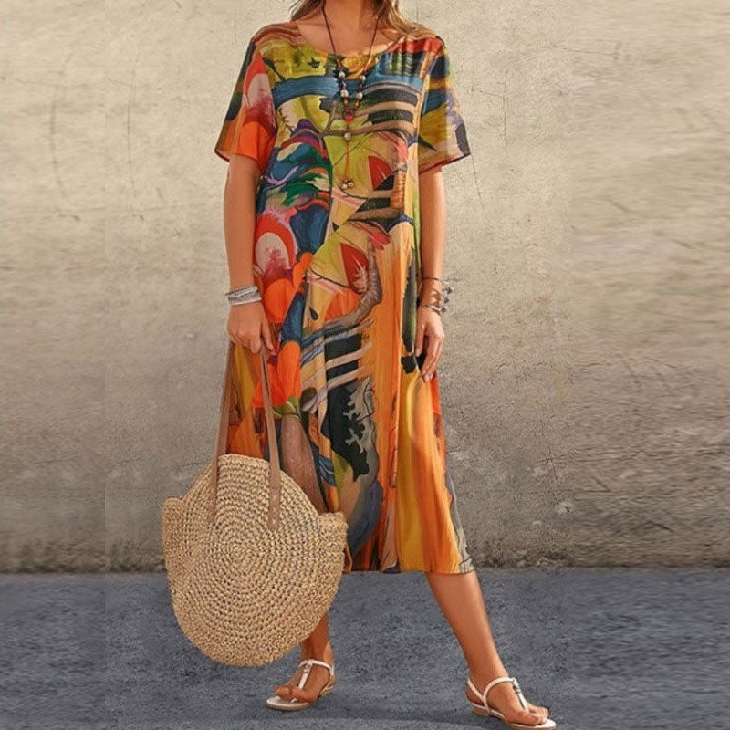 ⌛Tijdelijk halve prijs☀️💖Zomer Losse Print Jurk | Ronde Hals Korte Mouwe🌸