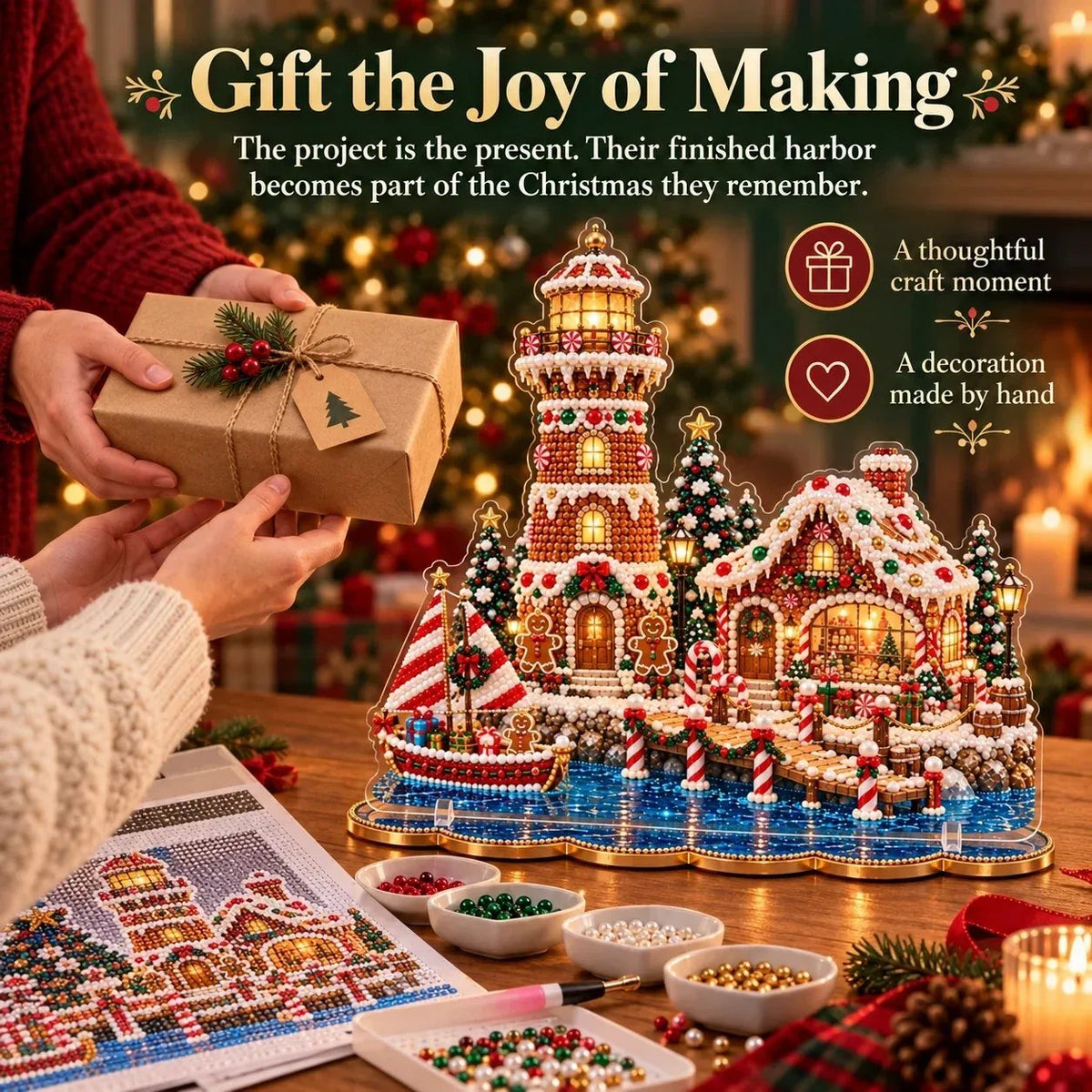 ✨ Premium Parel Kerstvuurtoren Diamond Painting-kunstset | Luxe, fluweelzacht canvas met krasbestendige, kleurvaste parelkralen – DIY-kerstdecoratie 🎅⛄️❄️