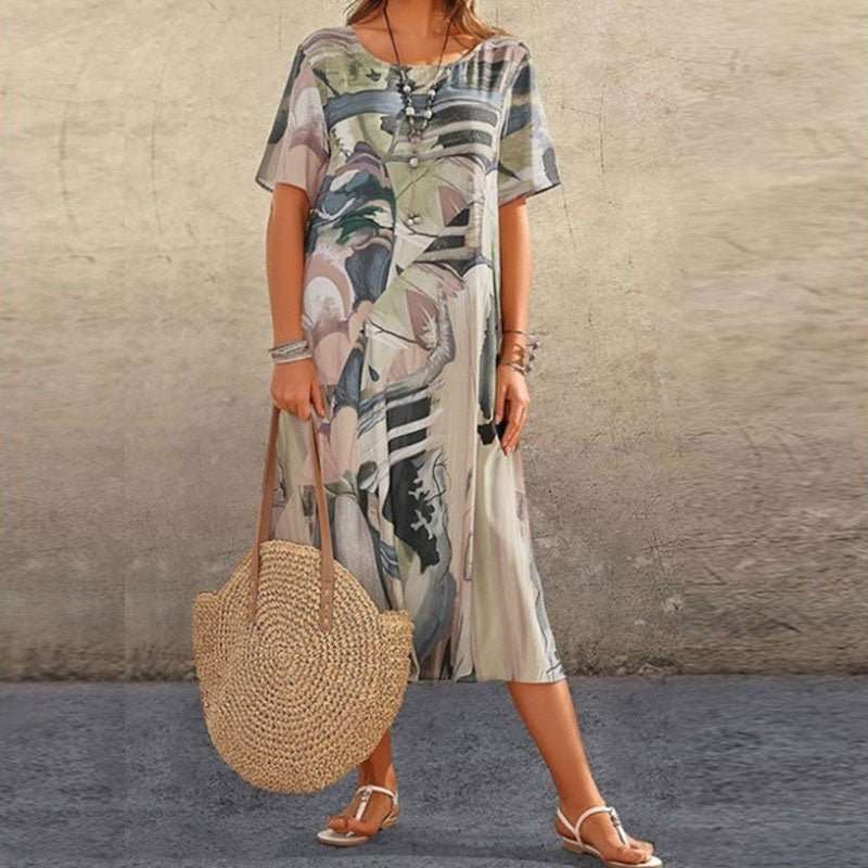 ⌛Tijdelijk halve prijs☀️💖Zomer Losse Print Jurk | Ronde Hals Korte Mouwe🌸