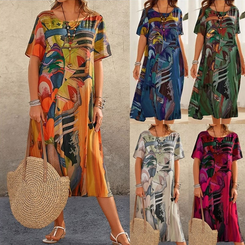 ⌛Tijdelijk halve prijs☀️💖Zomer Losse Print Jurk | Ronde Hals Korte Mouwe🌸