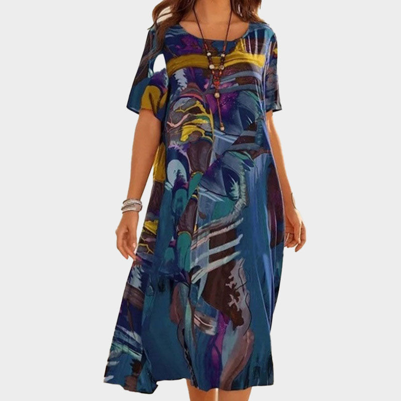 ⌛Tijdelijk halve prijs☀️💖Zomer Losse Print Jurk | Ronde Hals Korte Mouwe🌸