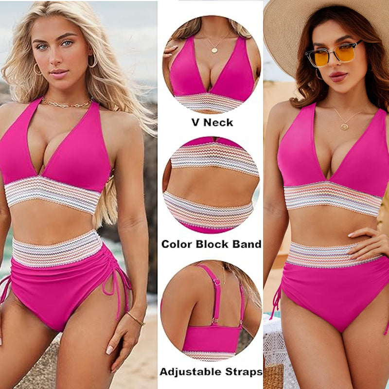 🔥S~4XL beschikbaar🔥2025 Tummy Control Colour Block Bikinisets met hoge kraag