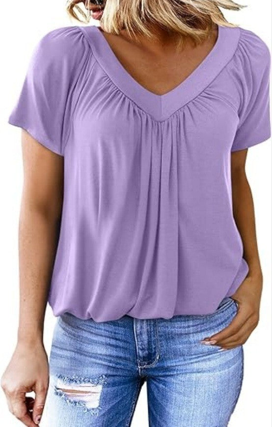 🌸Dames casual geplooide V-hals korte mouw aa