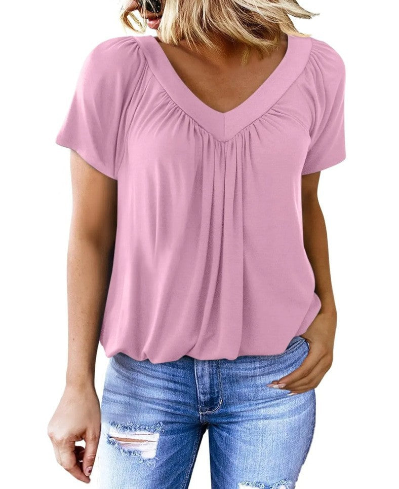 🌸Dames casual geplooide V-hals korte mouw aa