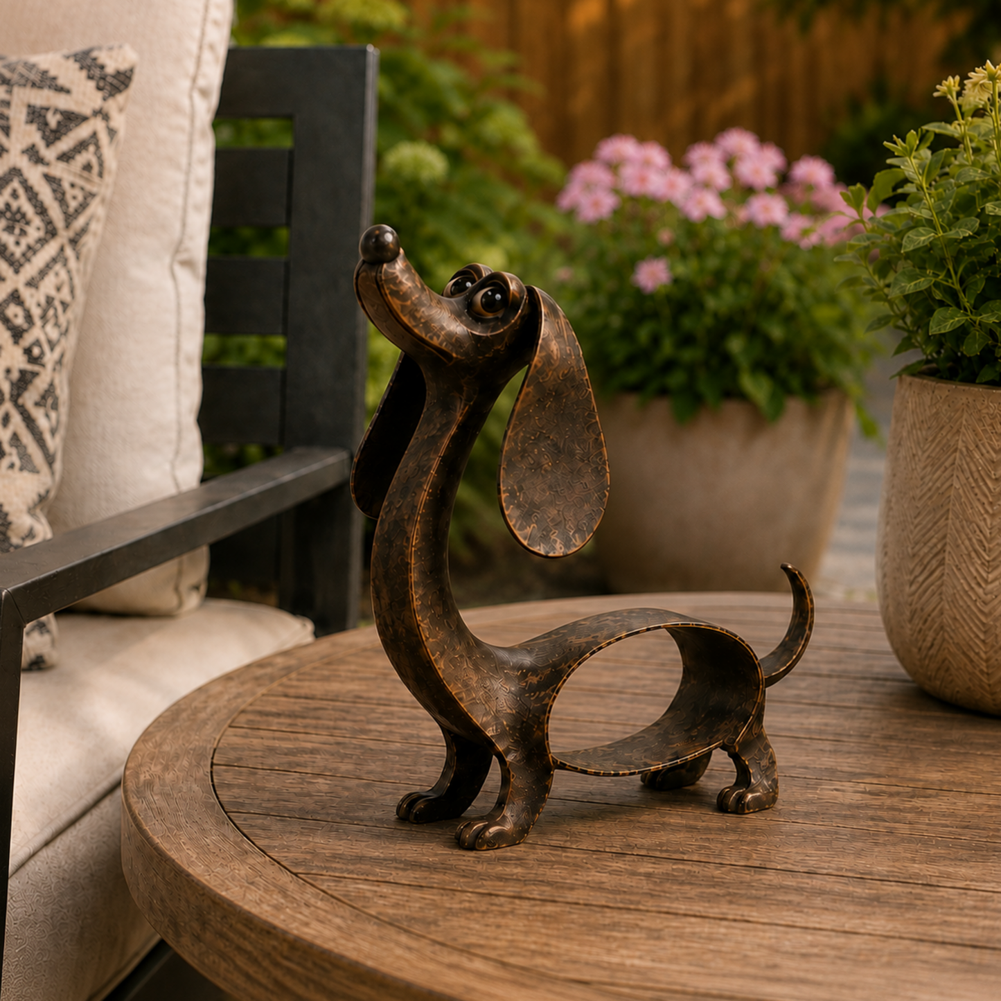 🐾✨ Karaktervol kunstwerk — Metalen teckel‑sculptuur in antiek brons