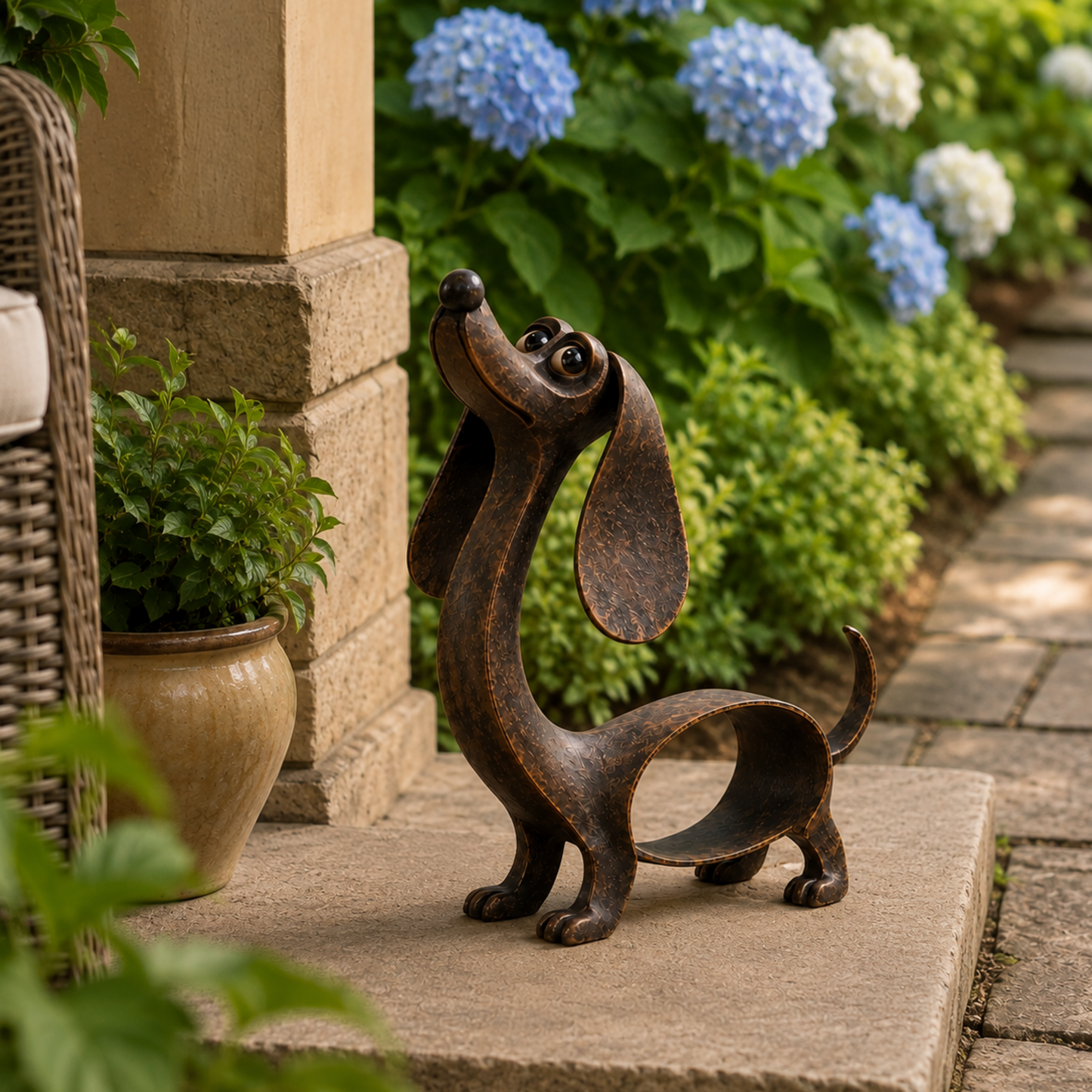 🐾✨ Karaktervol kunstwerk — Metalen teckel‑sculptuur in antiek brons