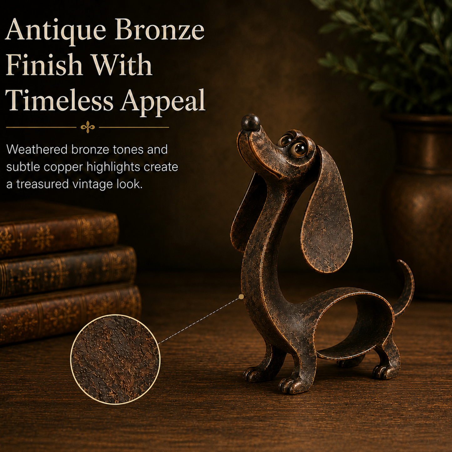 🐾✨ Karaktervol kunstwerk — Metalen teckel‑sculptuur in antiek brons