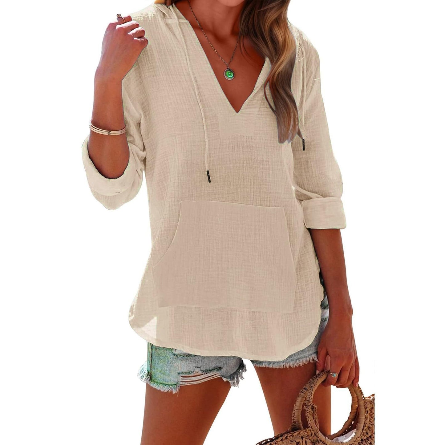🏖️ Tijdelijke korting 50% | Oversized strandoverhemd voor dames, V-hals met zakken