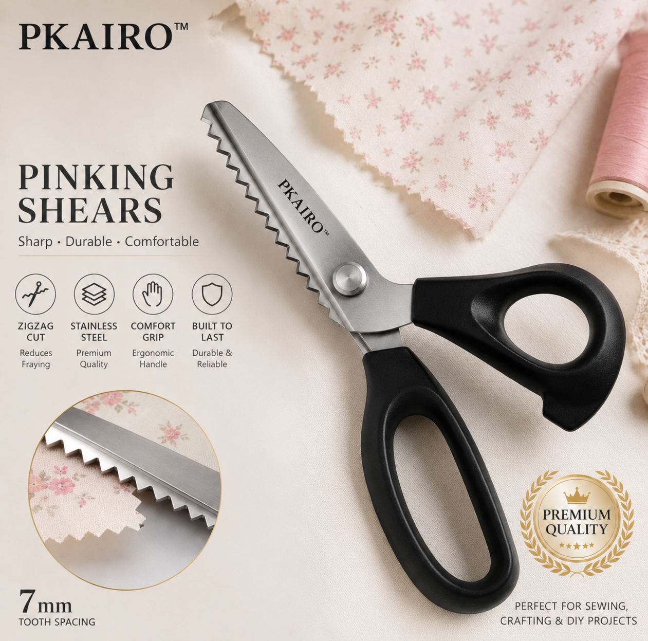 ✂️ 23 cm Professionele roestvrijstalen scharen – ✨Scherpe zigzag-rand, voorkomt dat stof rafelt bij naai- en DIY-projecten