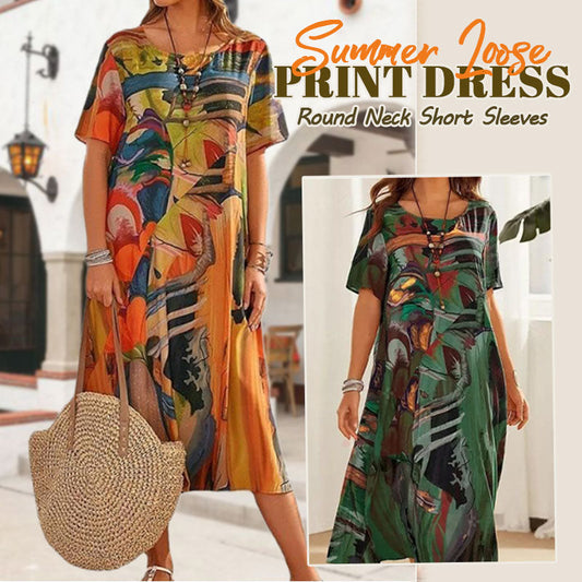 ⌛Tijdelijk halve prijs☀️💖Zomer Losse Print Jurk | Ronde Hals Korte Mouwe🌸
