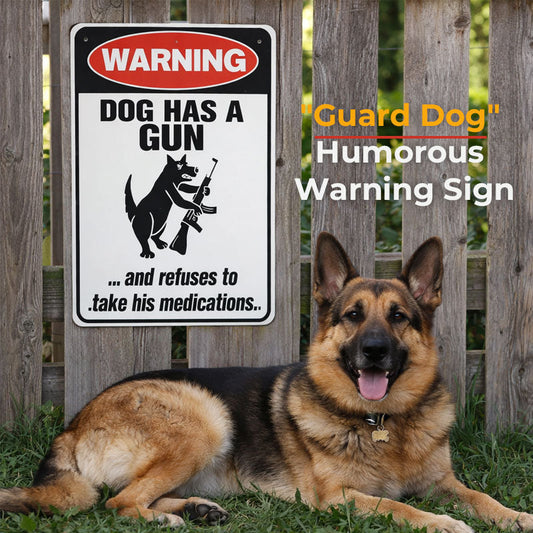 Humoristisch waarschuwingsbord met de tekst "Waakhond" 🐶 — Geef je buren iets om over te prate