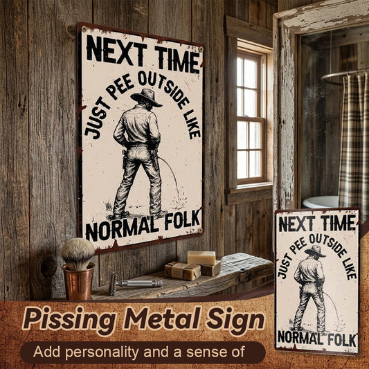 Grappige Metalen Bord met Plastende Cowboy 🤣😜