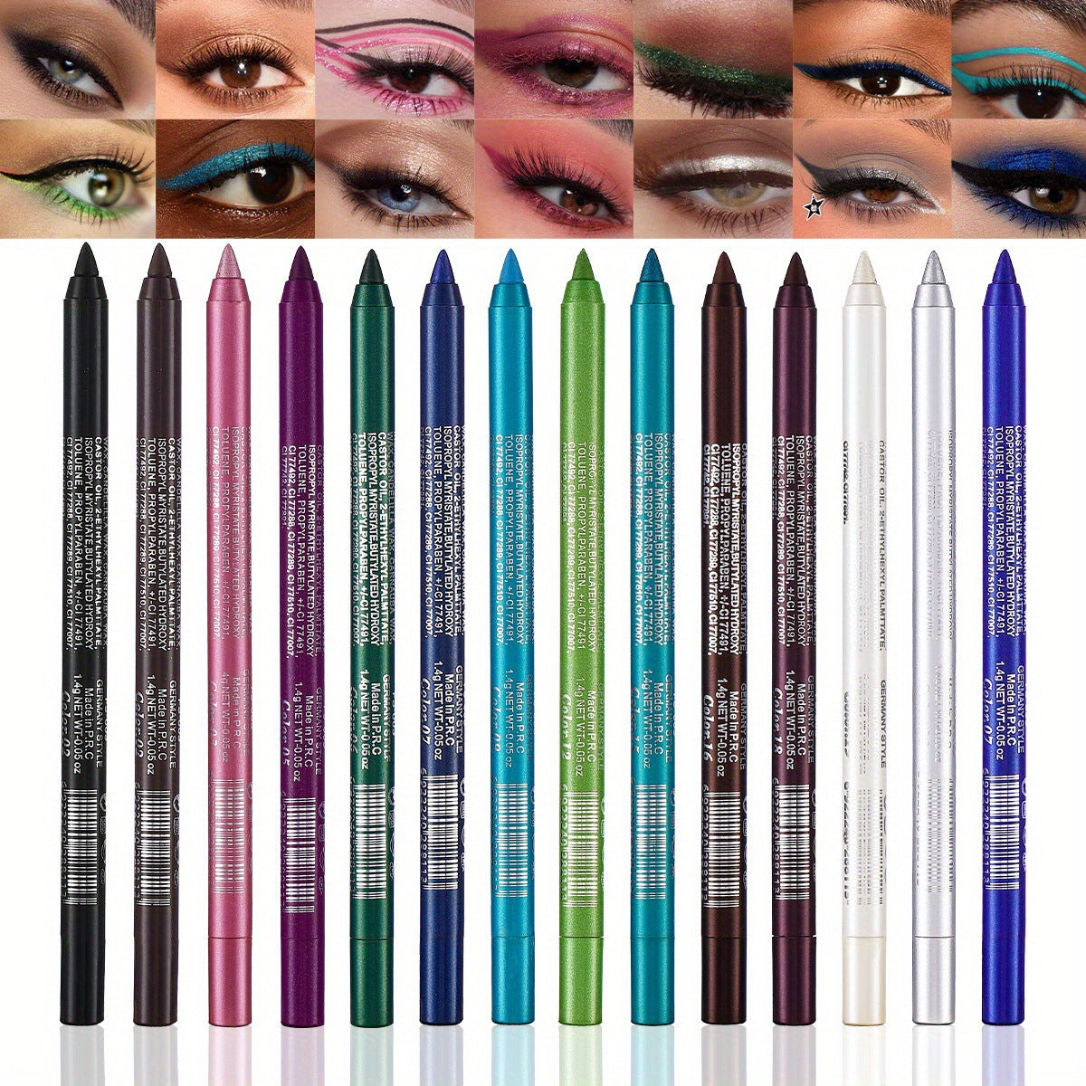 💧 14-delige waterproof gekleurde gel eyeliner potlood – metallic & shimmer afwerkingen, smudge-proof (Kleur van puntenslijper is willekeurig)