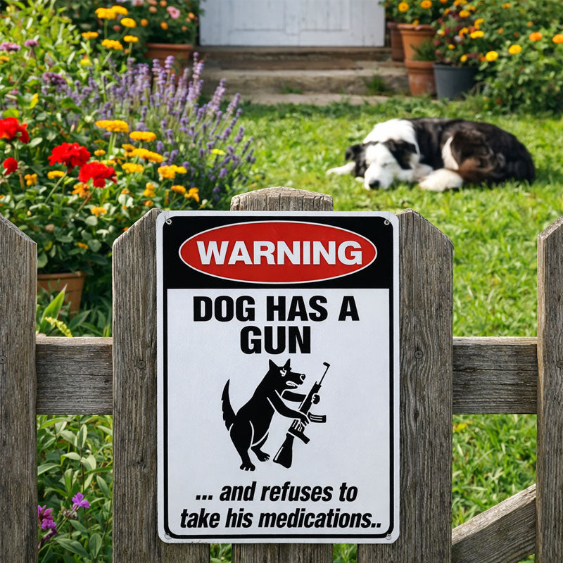 Humoristisch waarschuwingsbord met de tekst "Waakhond" 🐶 — Geef je buren iets om over te prate