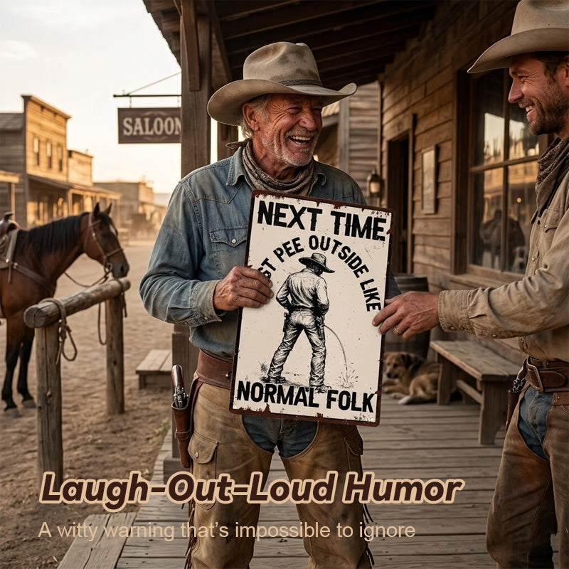 Grappige Metalen Bord met Plastende Cowboy 🤣😜