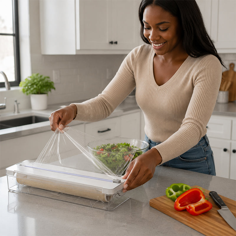 ✨ Premium keukensnijder en organizer – Voor plastic folie en aluminiumfolie