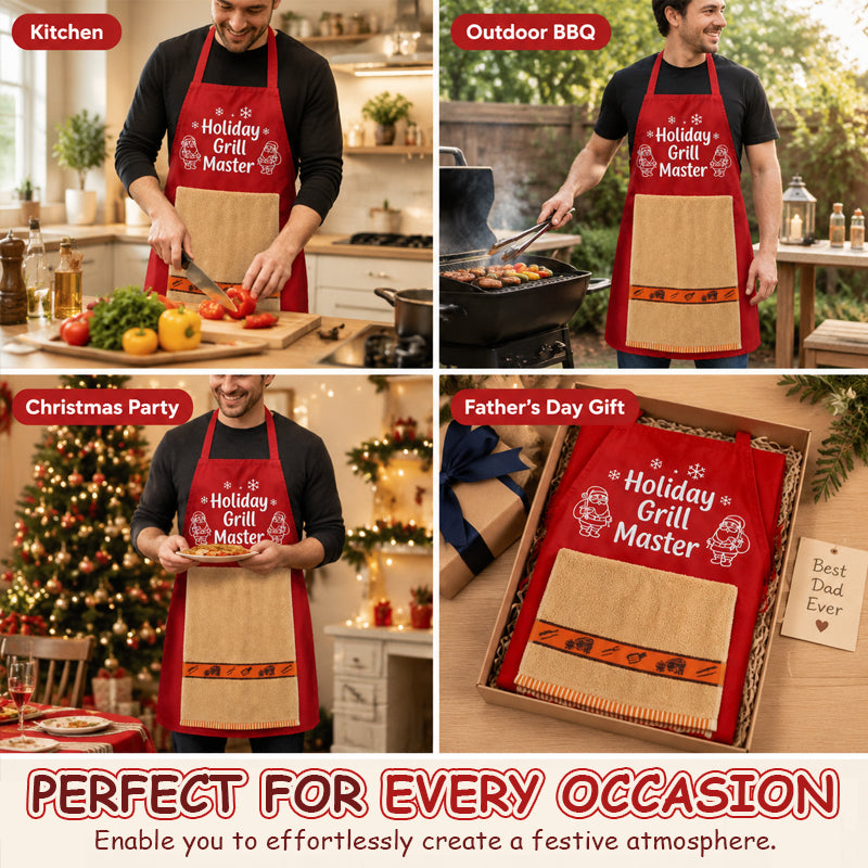 🎅 Kerstmis BBQ-schort – Grappig feestelijk grillmaster-schort met handdoek