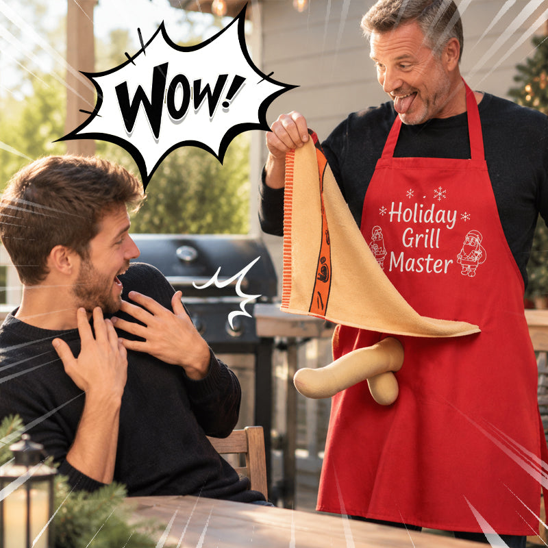 🎅 Kerstmis BBQ-schort – Grappig feestelijk grillmaster-schort met handdoek