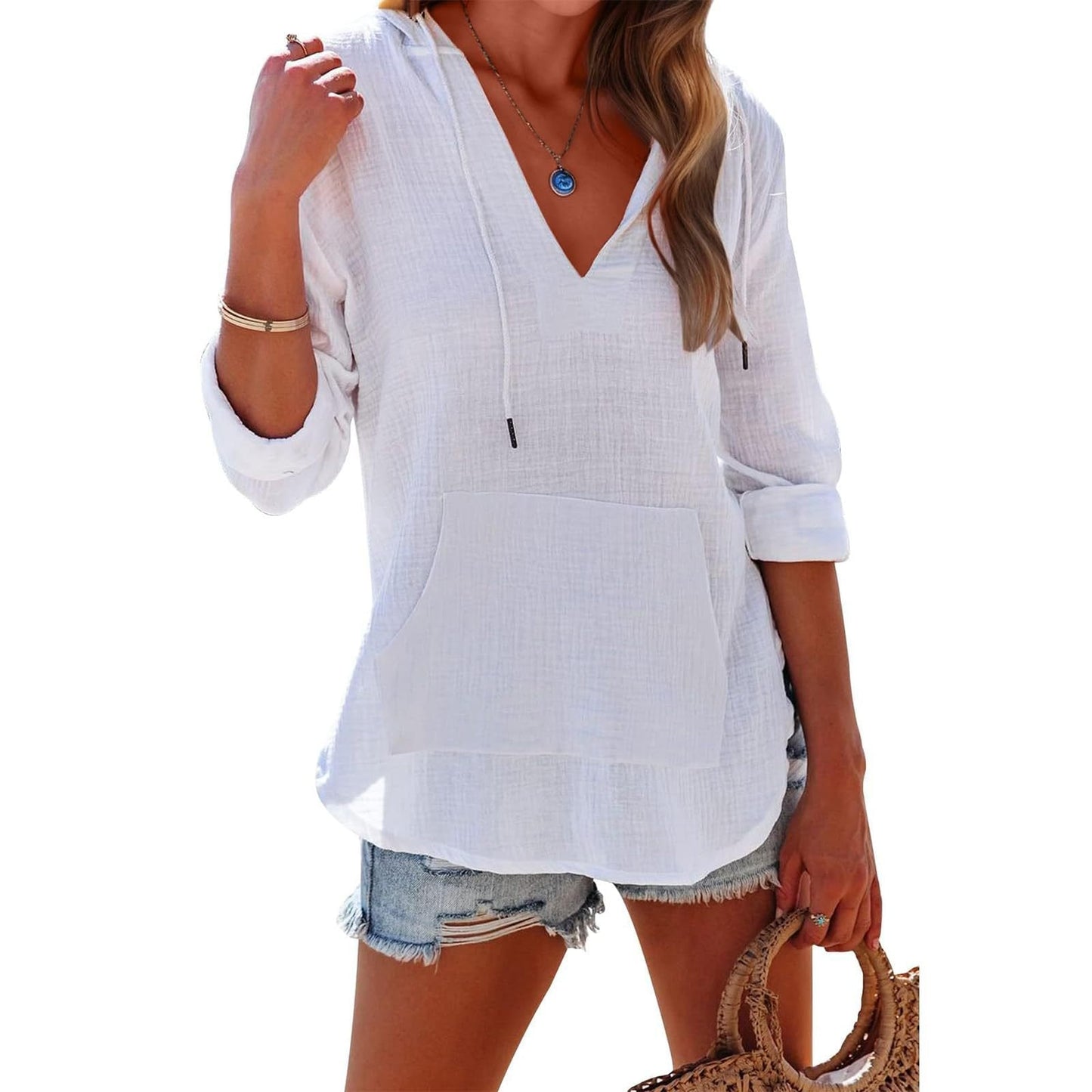 🏖️ Tijdelijke korting 50% | Oversized strandoverhemd voor dames, V-hals met zakken