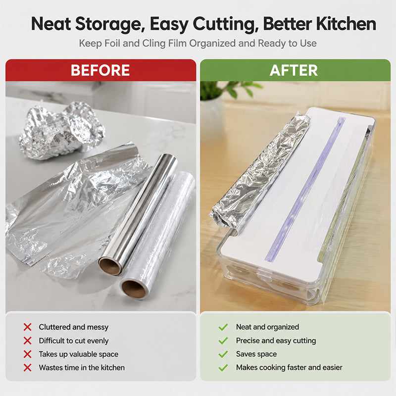 ✨ Premium keukensnijder en organizer – Voor plastic folie en aluminiumfolie