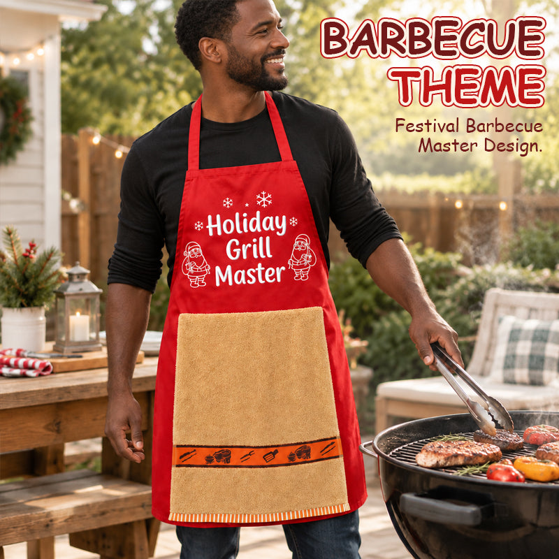 🎅 Kerstmis BBQ-schort – Grappig feestelijk grillmaster-schort met handdoek