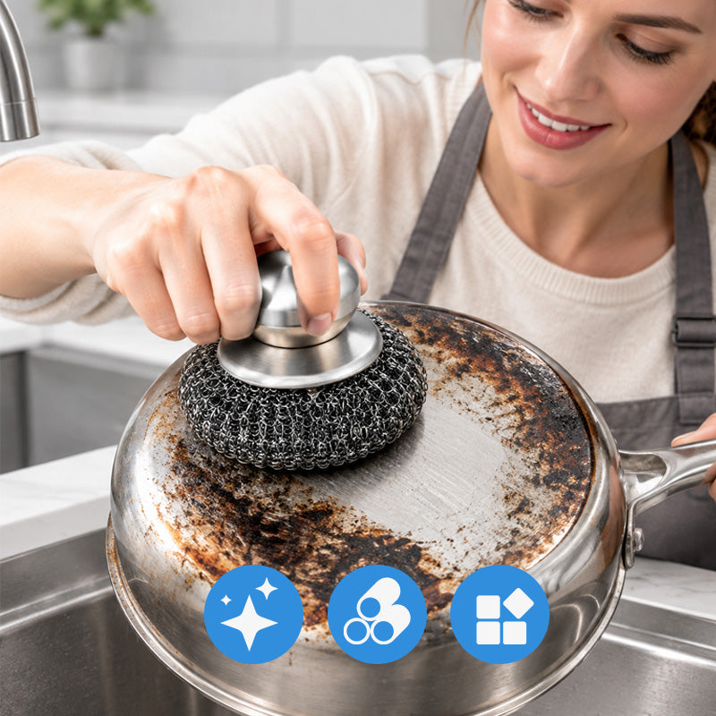 🧽🍳 Pannenschrobber met handgreep — staalborstel voor hardnekkige keukenrommel