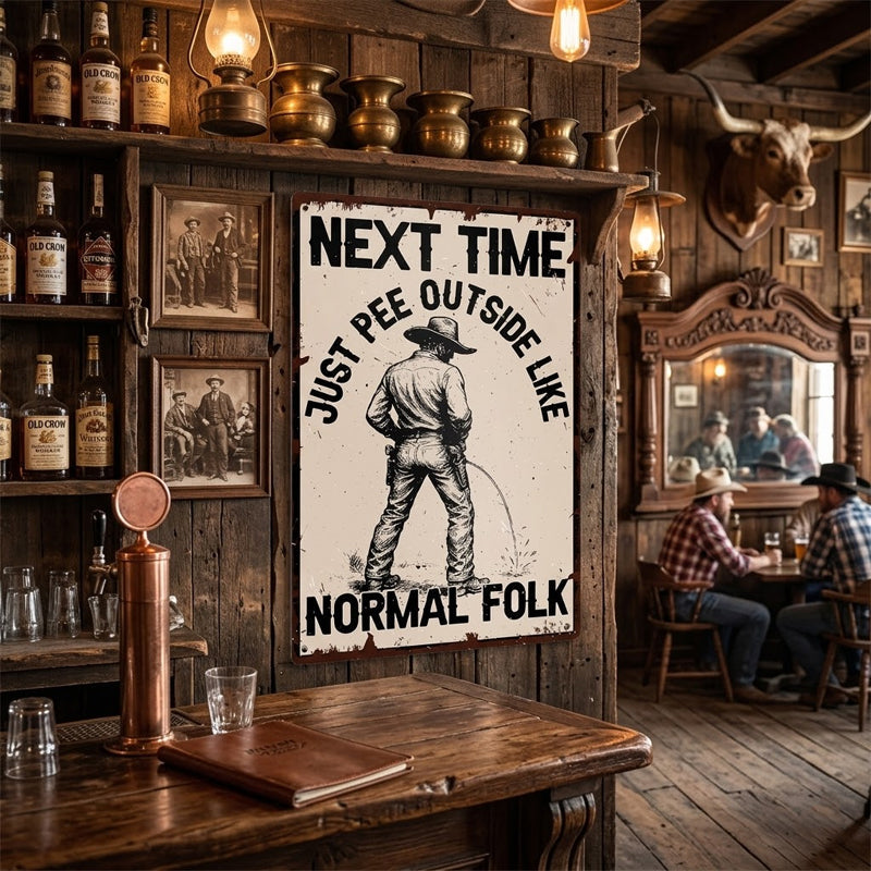 Grappige Metalen Bord met Plastende Cowboy 🤣😜