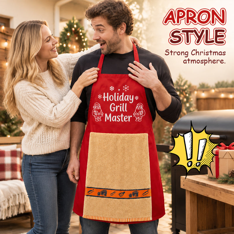 🎅 Kerstmis BBQ-schort – Grappig feestelijk grillmaster-schort met handdoek