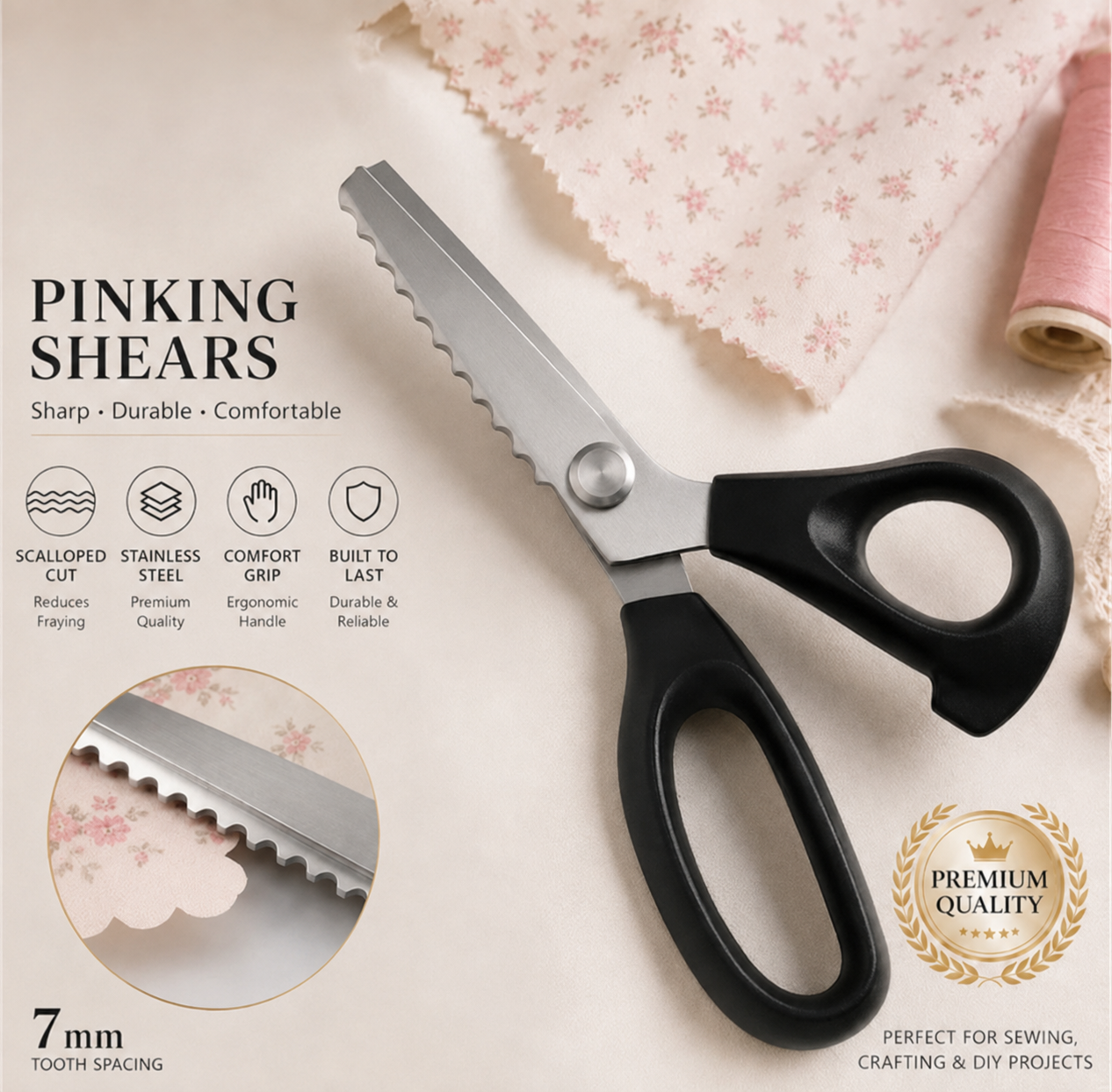 ✂️ 23 cm Professionele roestvrijstalen scharen – ✨Scherpe zigzag-rand, voorkomt dat stof rafelt bij naai- en DIY-projecten