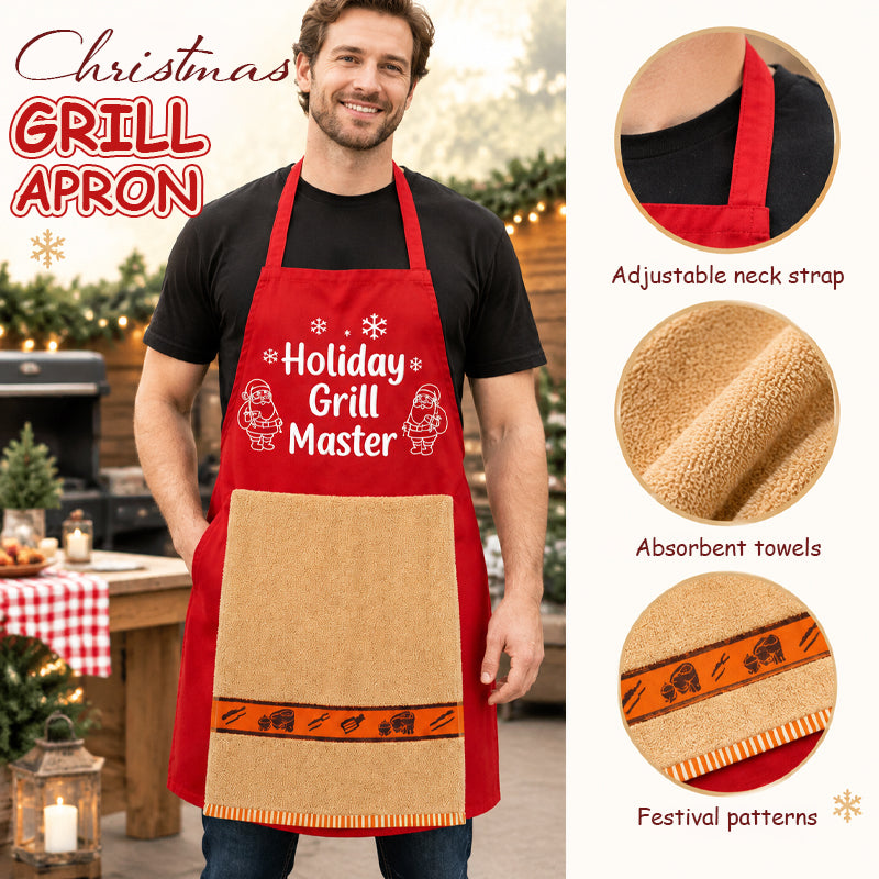 🎅 Kerstmis BBQ-schort – Grappig feestelijk grillmaster-schort met handdoek