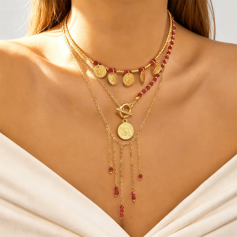 🔥 Laatste dag! 49% korting - 📿 Meerlaagse parel- en gouden muntketting