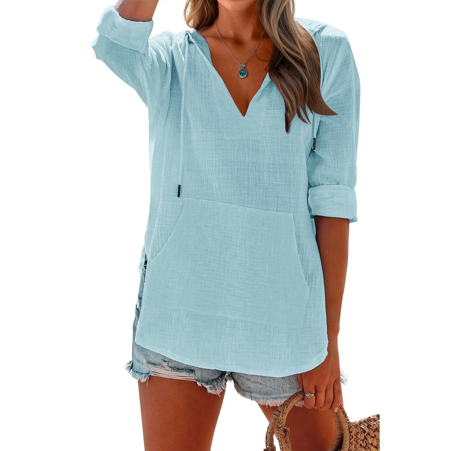 🏖️ Tijdelijke korting 50% | Oversized strandoverhemd voor dames, V-hals met zakken
