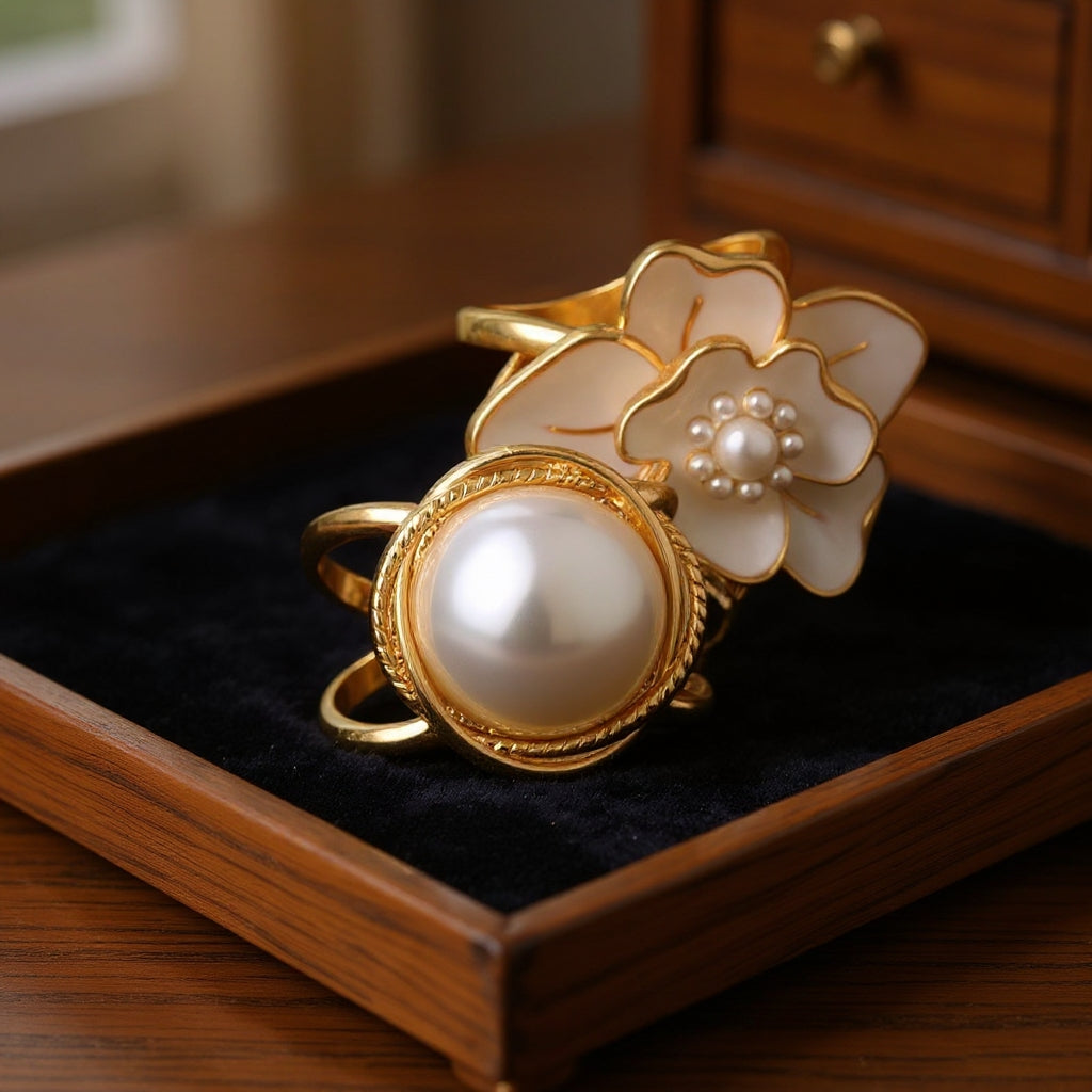 ❤️ ✨Koop 1 en krijg 1 gratis🔥Elegante dames sjaal met parel- en bloemenmotief en ringcli