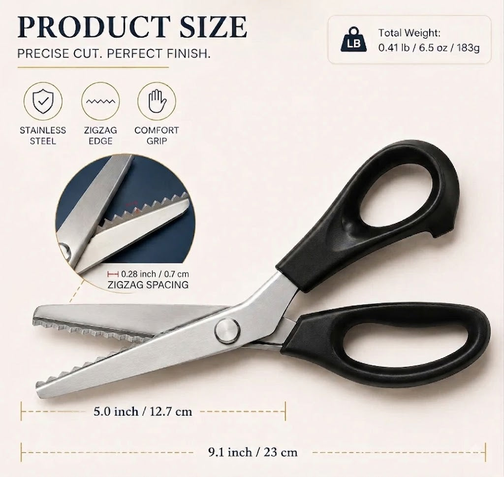 ✂️ 23 cm Professionele roestvrijstalen scharen – ✨Scherpe zigzag-rand, voorkomt dat stof rafelt bij naai- en DIY-projecten