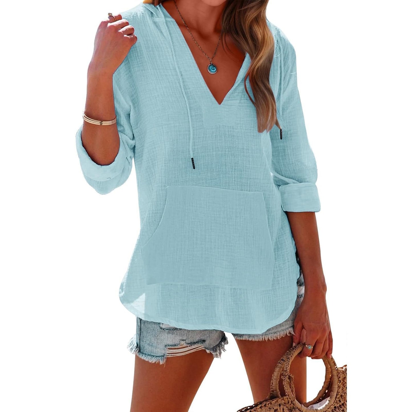 🏖️ Tijdelijke korting 50% | Oversized strandoverhemd voor dames, V-hals met zakken