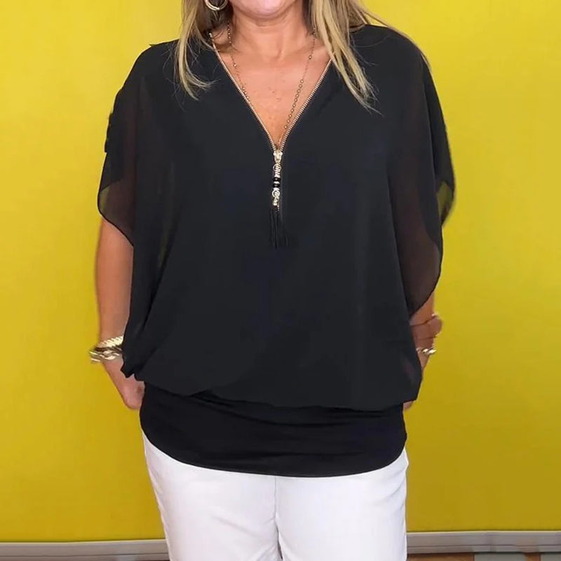 💖S~5XL beschikbaar✨Dames Casual Chiffon Hals Ritssluiting Top/Dames Casual Chiffon Hals Ritssluiting Aa