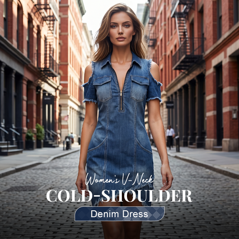 👖 TIJDELIJK, 50% KORTING! ✨ Dames koude schouder denim jurk – V-hals, vloeiend, boho 🌼