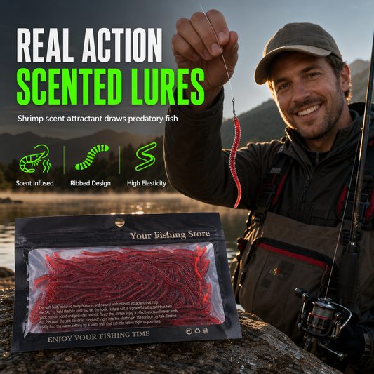 🎣 Levensecht kunstaas regenworm met garnalengeur & gloei‑effect | Zachte TPR softbait 8 cm